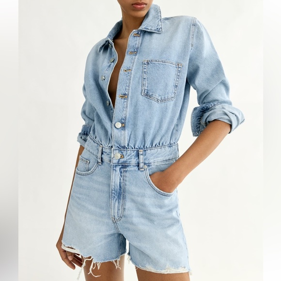 NWT Zara Short Denim Jean Jumpsuit Romper - Picture 2 of 10